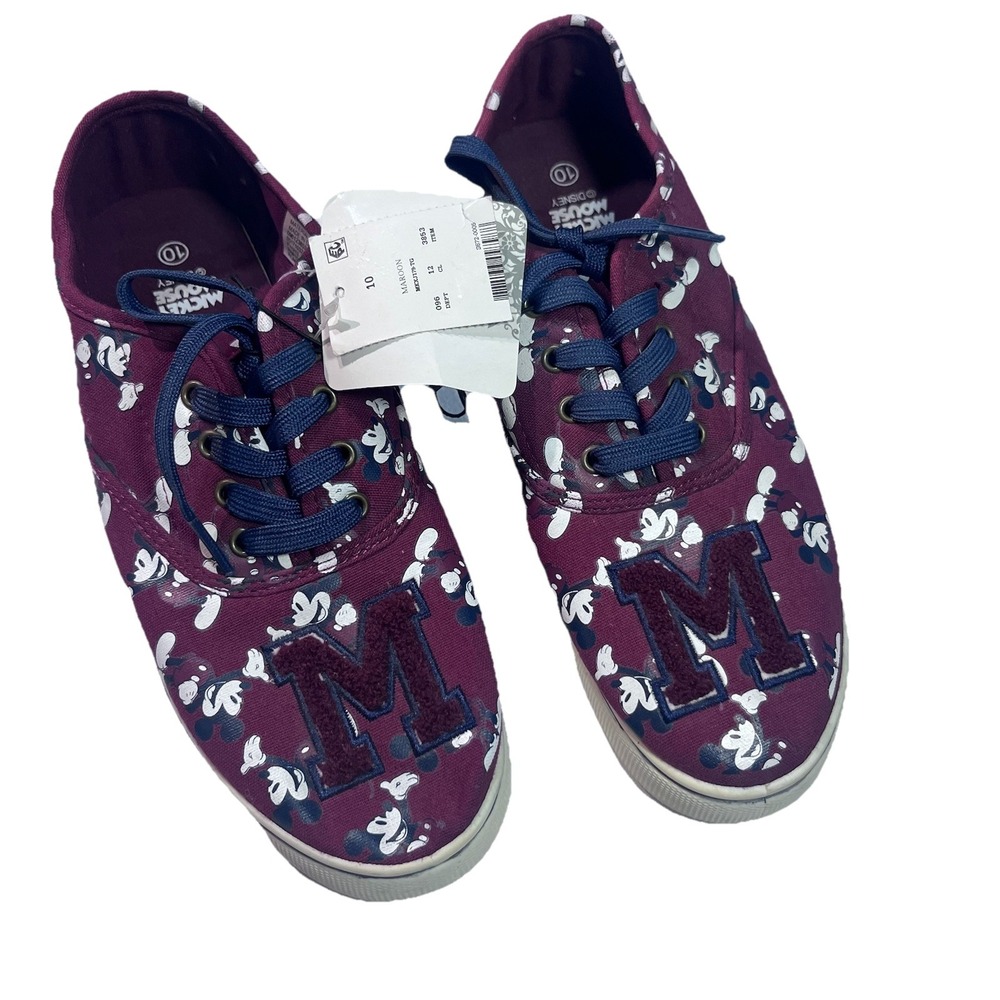 Disney Mickey Mouse Women Tennis Shoes - Size 10 Burgundy‎ Canvas w/ "M" Patch